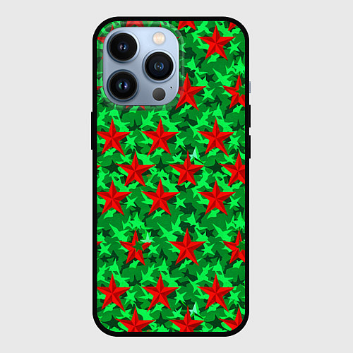 Чехол iPhone 13 Pro Красные звезды победы на зеленом камуфляже / 3D-Черный – фото 1