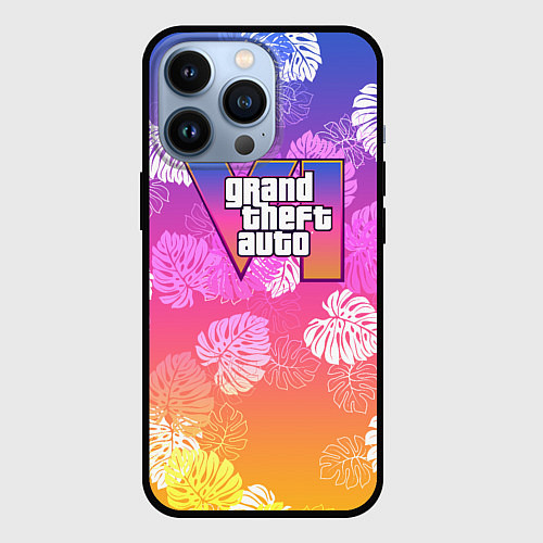 Чехол iPhone 13 Pro Grand Theft Auto VI - пальмы / 3D-Черный – фото 1