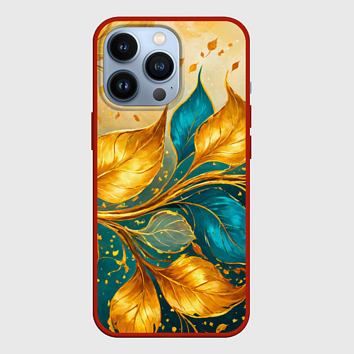 Чехол iPhone 13 Pro Листья абстрактные золото и бирюза / 3D-Красный – фото 1