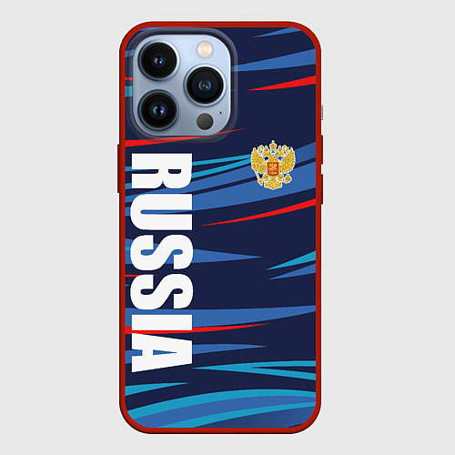 Чехол iPhone 13 Pro Россия - blue stripes / 3D-Красный – фото 1