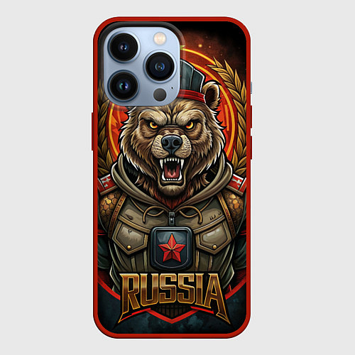 Чехол iPhone 13 Pro Военный русский медведь / 3D-Красный – фото 1