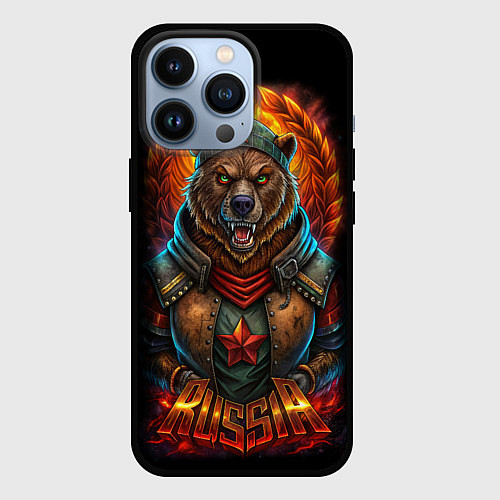 Чехол iPhone 13 Pro Русский военный медведь солдат / 3D-Черный – фото 1