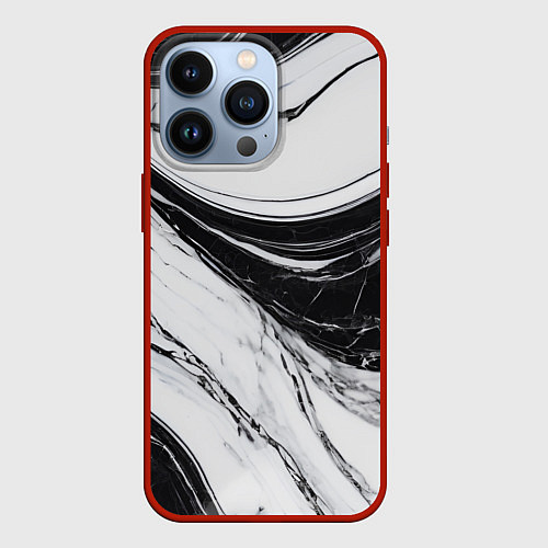 Чехол iPhone 13 Pro Мрамор черно-белый / 3D-Красный – фото 1