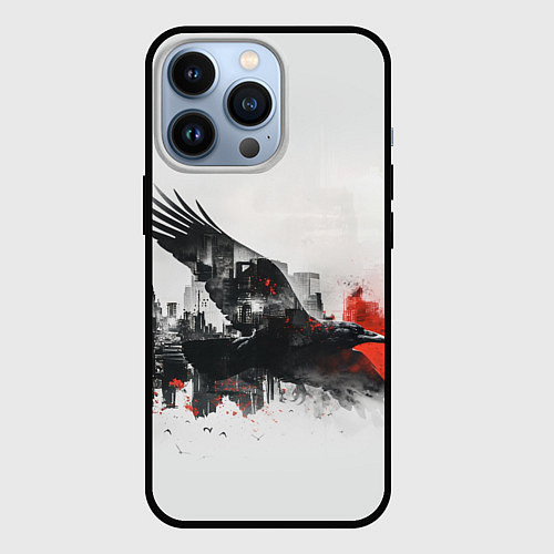 Чехол iPhone 13 Pro Летающий ворон и город / 3D-Черный – фото 1