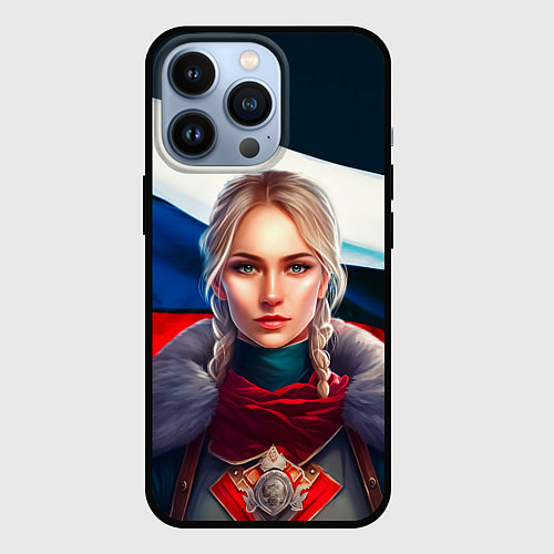 Чехол iPhone 13 Pro Блондинка с косами - флаг России / 3D-Черный – фото 1