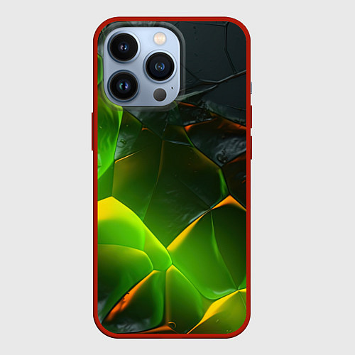 Чехол iPhone 13 Pro Зеленая абстрактная неоновая текстура / 3D-Красный – фото 1