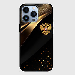 Чехол для iPhone 13 Pro Золотой герб России на черно-золотой текстуре, цвет: 3D-черный