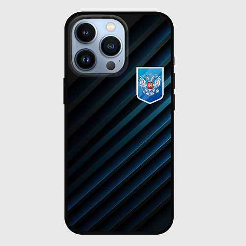 Чехол iPhone 13 Pro Синяя абстракция и герб России / 3D-Черный – фото 1