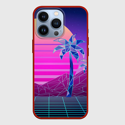 Чехол iPhone 13 Pro Vaporwave неоновые горы и пальмы / 3D-Красный – фото 1