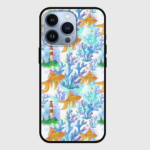 Чехол iPhone 13 Pro Золотая рыбка и кораллы акварельные / 3D-Черный – фото 1