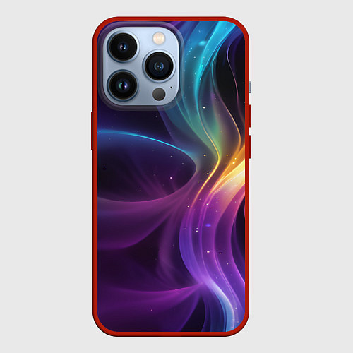 Чехол iPhone 13 Pro Радужные неоновые волны и разводы на черном фоне / 3D-Красный – фото 1
