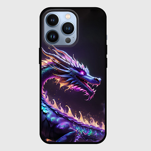 Чехол iPhone 13 Pro Неоновый сиреневый дракон на черном фоне / 3D-Черный – фото 1