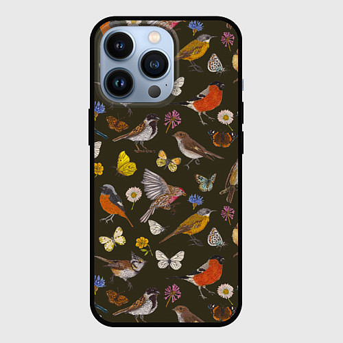 Чехол iPhone 13 Pro Птицы и бабочки с цветами паттерн / 3D-Черный – фото 1