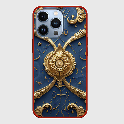 Чехол iPhone 13 Pro Золотые узоры на синей ткани / 3D-Красный – фото 1