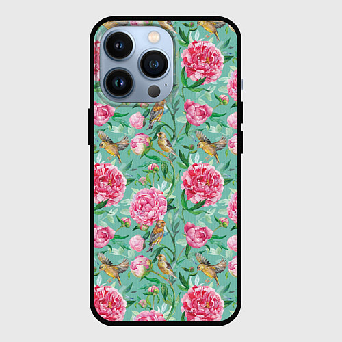 Чехол iPhone 13 Pro Пионы и зеленушка на зеленом / 3D-Черный – фото 1