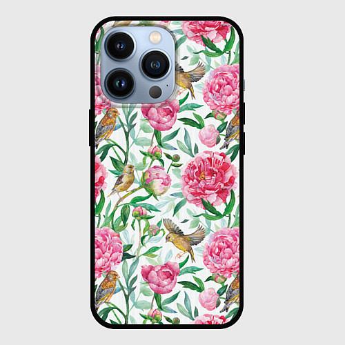 Чехол iPhone 13 Pro Пионы и зеленушка / 3D-Черный – фото 1