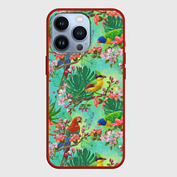 Чехол для iPhone 13 Pro Попугаи и птицы в джунглях, цвет: 3D-красный