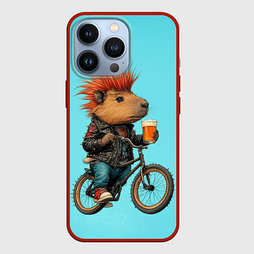 Чехол iPhone 13 Pro Капибара байкер с ирокезом и пивом / 3D-Красный – фото 1