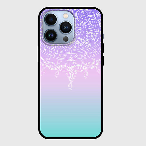 Чехол iPhone 13 Pro Розово-голубой градиент с узором мандала / 3D-Черный – фото 1