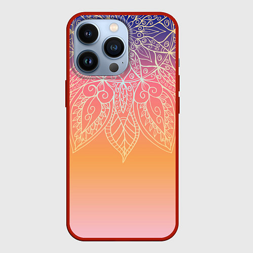 Чехол iPhone 13 Pro Сине-оранжевый градиент с узором мандала / 3D-Красный – фото 1