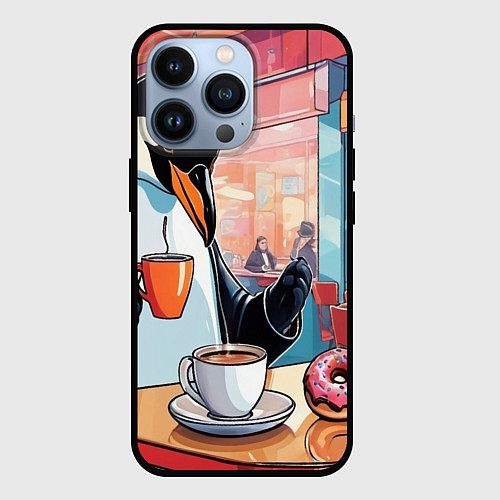 Чехол iPhone 13 Pro Пингвин угощает в кафе / 3D-Черный – фото 1