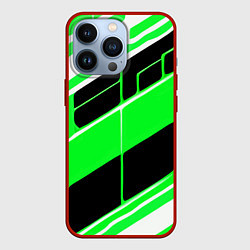 Чехол iPhone 13 Pro Зелёно-белые полосы и чёрный фон