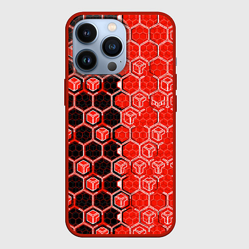 Чехол iPhone 13 Pro Техно-киберпанк шестиугольники красный и чёрный / 3D-Красный – фото 1