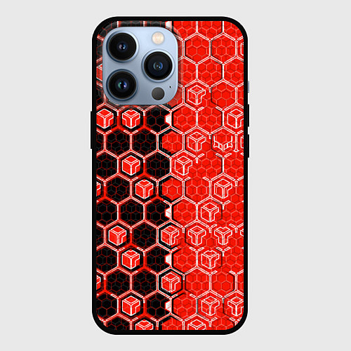 Чехол iPhone 13 Pro Техно-киберпанк шестиугольники красный и чёрный / 3D-Черный – фото 1