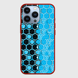 Чехол для iPhone 13 Pro Техно-киберпанк шестиугольники голубой и чёрный, цвет: 3D-красный