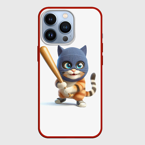 Чехол iPhone 13 Pro Прикольный котёнок с бейсбольной битой и в балакла / 3D-Красный – фото 1
