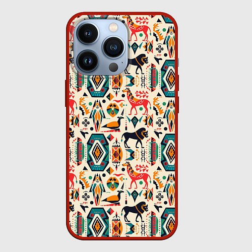 Чехол iPhone 13 Pro Африканские узор лев и жираф / 3D-Красный – фото 1