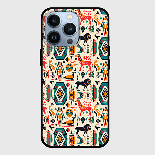 Чехол iPhone 13 Pro Африканские узор лев и жираф / 3D-Черный – фото 1