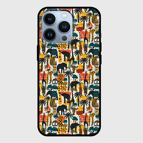 Чехол iPhone 13 Pro Африка паттерн пальмы животные / 3D-Черный – фото 1