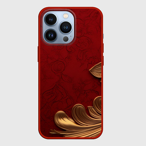 Чехол iPhone 13 Pro Объемный золотой лист на красном текстурном фоне / 3D-Красный – фото 1