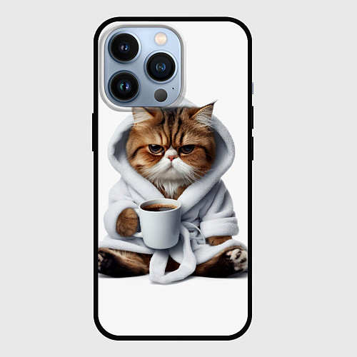 Чехол iPhone 13 Pro Котик в халате и кофе / 3D-Черный – фото 1