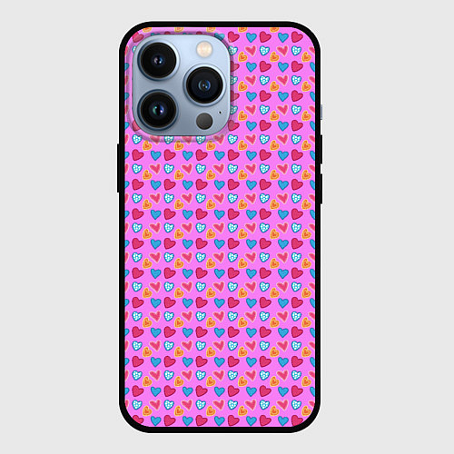 Чехол iPhone 13 Pro Розовый паттерн с разноцветными сердечками / 3D-Черный – фото 1