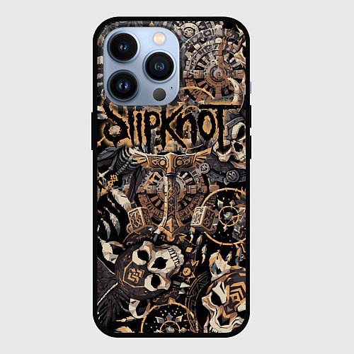 Чехол iPhone 13 Pro Slipknot на фоне масок черепов животных / 3D-Черный – фото 1