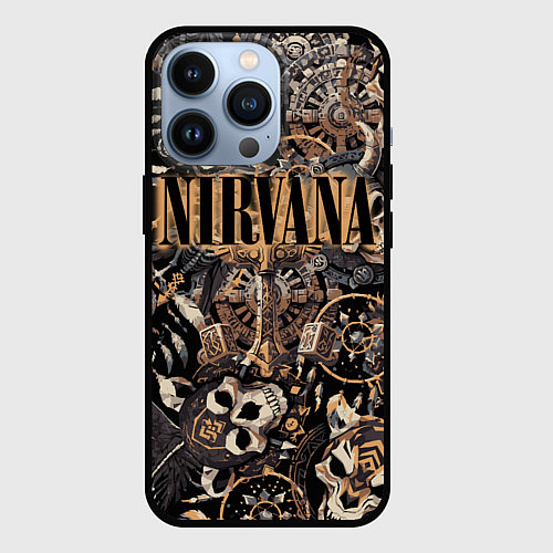 Чехол iPhone 13 Pro Nirvana на фоне масок викингов рун и воронов / 3D-Черный – фото 1