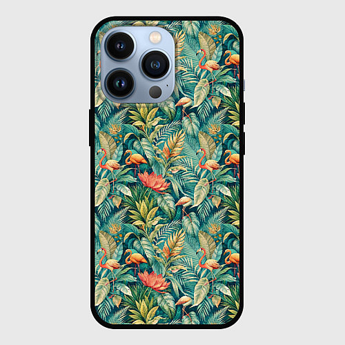 Чехол iPhone 13 Pro Тропический фламинго в цветах / 3D-Черный – фото 1