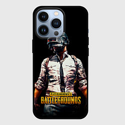 Чехол iPhone 13 Pro PUBG игрок на закате черный фон