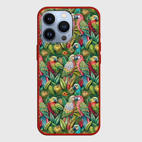 Чехол iPhone 13 Pro Влюбленные попугаи в листьях / 3D-Красный – фото 1