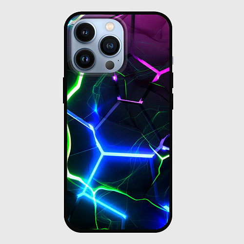 Чехол iPhone 13 Pro Микс из разломленных плит и неоновое свечения / 3D-Черный – фото 1