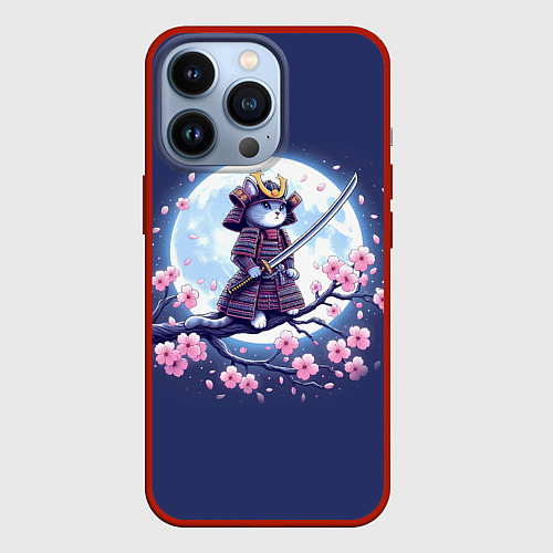 Чехол iPhone 13 Pro Котёнок самурай - цветущая сакура / 3D-Красный – фото 1