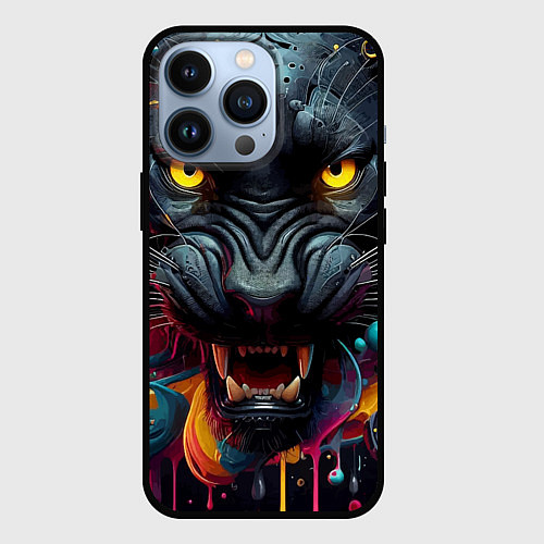 Чехол iPhone 13 Pro Оскал свирепой пантеры - нейросеть / 3D-Черный – фото 1