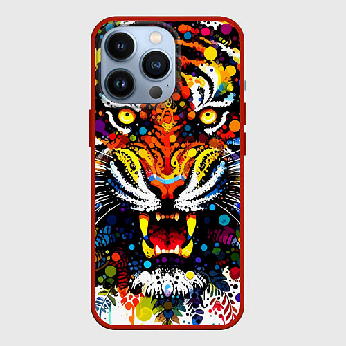 Чехол iPhone 13 Pro Орнаментальный тигр - нейросеть / 3D-Красный – фото 1