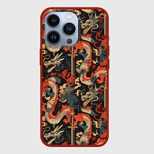 Чехол iPhone 13 Pro Паттерн с драконом / 3D-Красный – фото 1
