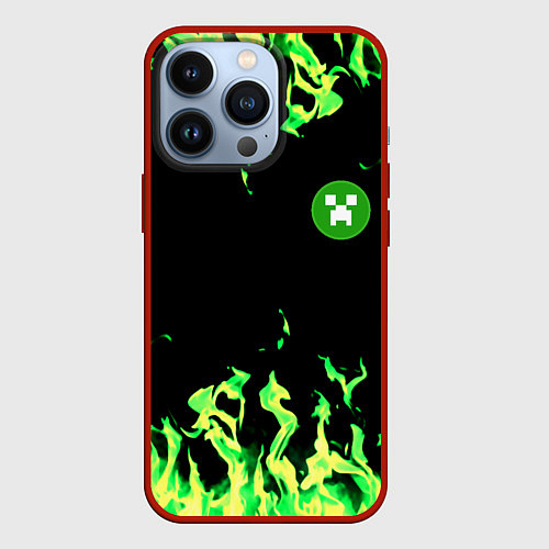 Чехол iPhone 13 Pro Minecraft green flame / 3D-Красный – фото 1