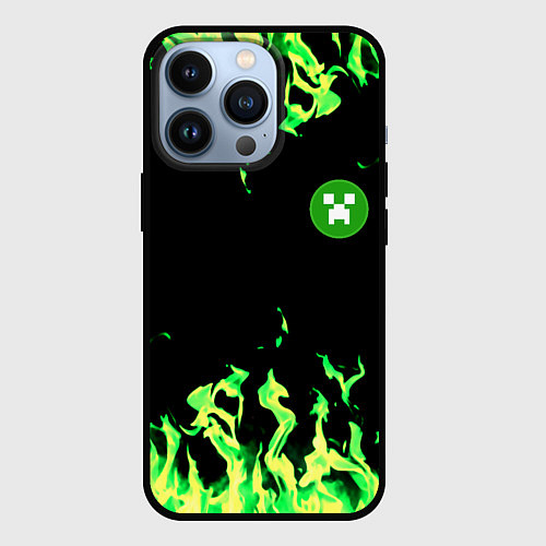 Чехол iPhone 13 Pro Minecraft green flame / 3D-Черный – фото 1