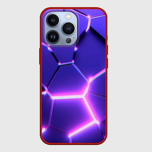 Чехол iPhone 13 Pro Фиолетовые плиты с розовым свечением / 3D-Красный – фото 1