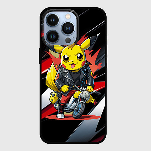 Чехол iPhone 13 Pro Пикачу байкер на мотоцикле / 3D-Черный – фото 1